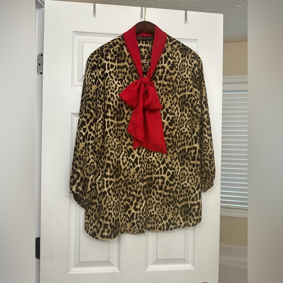 New York & Company Leopard Print Blouse with Red Scarf Accent - Picture 2 of 2